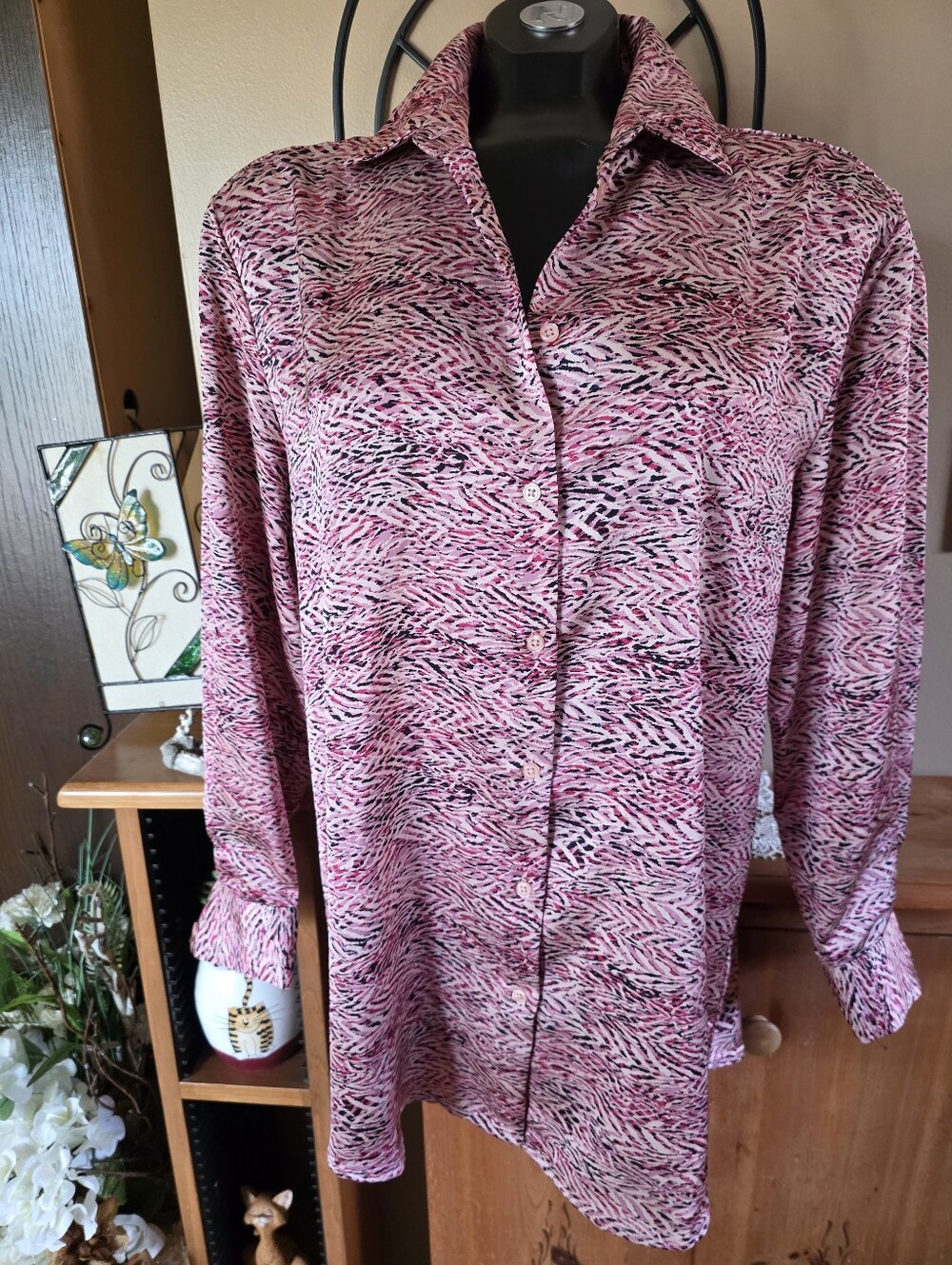 Vintage Ricki's Blush Fuschia Pink Abstract Brushstroke Pattern Button-Down Top